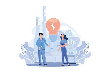 Poster - sustainability illustration. energy efficiency in household and industry. characters using green ele