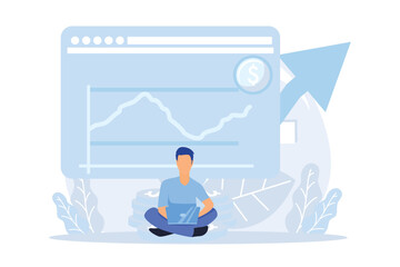 Poster - financial illustration. characters investing money in stock market. people analyzing financial graph