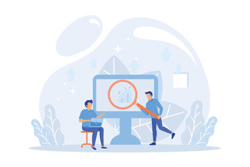 Poster - digital marketing and promotion illustration. characters analyzing graph, charts and planning market