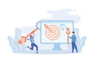 Poster - Digital marketing illustration. Characters promoting product with big loudspeaker, targeting audience, analyzing marketing data on smart phone. Marketing campaign concept.Flat vector illustration 