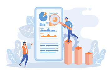 Poster - Digital marketing illustration. Characters promoting product with big loudspeaker, targeting audience, analyzing marketing data on smart phone. Marketing campaign concept.Flat vector illustration 