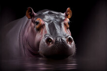 Portrait Of A Hippo On A Black Background. Generative Ai
