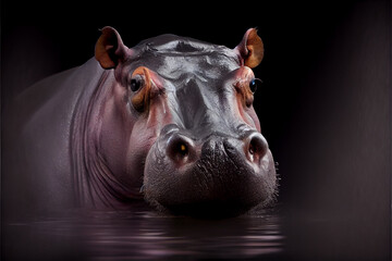 Wall Mural - Portrait of a hippo on a black background. generative ai