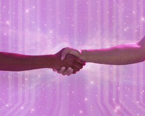 Poster - Metaverse, people and 3d futuristic handshake for connection, partnership or deal on universe background. Future, neon and shaking hands for vr experience, connectivity and welcome greeting in space.