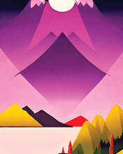 Abstract Pink Landscape Background With Mountains, Sky, And Clouds. Digital Illustration. - Art Deco Illustration