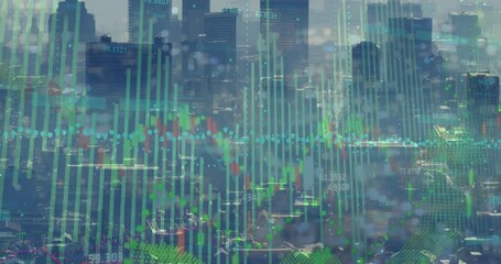 Poster - Animation of financial and statistical data processing against aerial view of cityscape