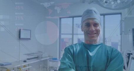 Poster - Animation of statistical data processing over caucasian male surgeon smiling at hospital