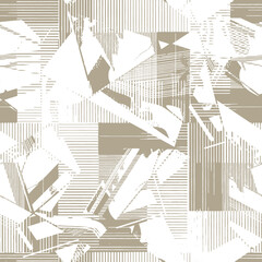 Wall Mural - beige paint brush strokes vector seamless pattern. hand drawn triangles and wavy lines with grunge l