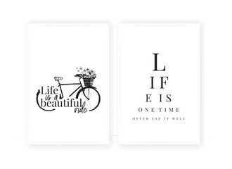 Wall Mural - Life is one time offer use it well, vector. Scandinavian minimalist typographic poster design in two pieces. Bike with basket of flowers illustration isolated on white background.