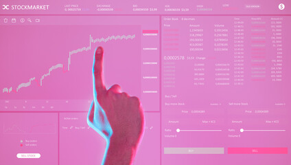 Poster - Hand, dashboard ui and man with stock market, trading or investment app. Ux, data and male with pink user interface or software for crypto currency, bitcoin or graph analytics for buying or selling.