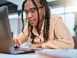 © Delcio/peopleimages.com - Black woman, laptop and focus reading communication for email conversation, web management or planning strategy. African girl, typing and online networking or check digital marketing on tech device