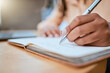 © Delcio/peopleimages.com - Schedule, writing and zoom of hand with notebook for planning, inspiration and creative ideas. Freelance career, information and busy woman working on calendar plans, strategy and journal report