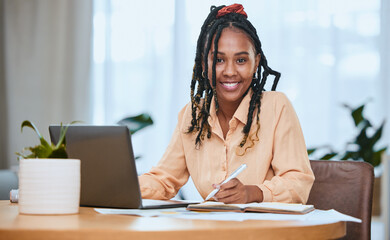 Poster - Black woman, laptop and student smile portrait writing and planning strategy in home office. African girl, university education and happy working on digital tech devices for remote online learning
