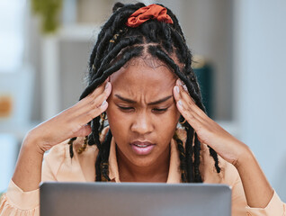 Poster - Black woman, headache and stress with laptop glitch while depressed in home office. Entrepreneur person tired, burnout and fatigue with bad mental health for remote work and startup business