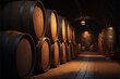 wine cellar with barrels, generative ai