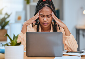 Wall Mural - Black woman, headache and depression with laptop while tired in home office of studying or working. Entrepreneur person stress, burnout and exhausted with fatigue for remote work and startup business