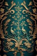 Damask Wallpaper Baroque Ornaments Gold And Teal, Birds, Simmetrical  