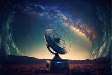 Fantasy Night Landscape. Milky Way, Nebulae. Radio Telescope For Cosmic Research And Starry Night On Background. AI