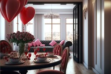 Luxurious House Interior Decorated For Valentine's Day With Balloons, Flowers, Chocolates And Candles. Valentine Day Celebration In House. Generative AI