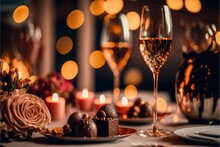 Valentine Day Celebration With Champagne, Roses, Chocolate, And Bokeh Background With Candle Light Dinner, Balloons, Valentine's Day, Generative AI
