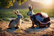 abstract two hybrid animals rabbit with turtle shell looking at each other staying on the ground in the grass under tree with sun shining in back,generative AI
    rabbit  and turtle hybrid,