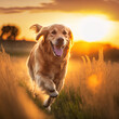 Golden retriever running in the summer field with sunset, generative AI 