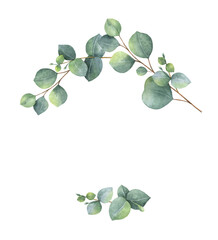 watercolor wreath with green eucalyptus leaves and branches. perfect for wedding invitation, postcar