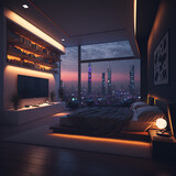 Fototapeta  - Interior design, bedroom with large window and view of the city at night, generative AI