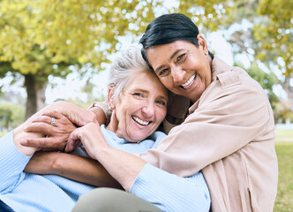 Wall Mural - Couple of friends, senior or portrait hug in nature park, garden or relax environment in retirement support or trust. Smile, happy or laughing elderly women in bonding embrace in community backyard