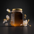 A jar of honey surrounded by tree buds, generative AI