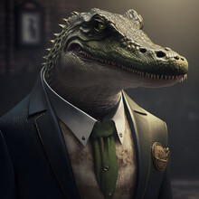 High Resolution Portrait Of Crocodile In A Suit