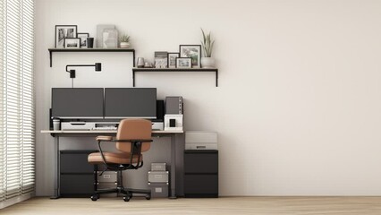 Poster - Modern workplace with comfortable modern working table and computer with working chair many option for select and large window. on wall white and wooden floor. 3D rendering animation looping