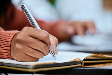 Poster - Student, writing and zoom of hand with notebook for studying, learning and notes in academic class. University, college and closeup of hands with pen to write schedule information, planning and ideas