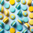 Traditional blue and yellow macarons on a white background beautifully decorated, generative AI