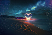 A Beachscape Blending Into A Deep Starry Sky, With A Sparkling Magical Heart