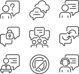 Poster - Speech balloons pixel perfect linear icons set. Visualization of people communication. Conversation. Customizable thin line symbols. Isolated vector outline illustrations. Editable stroke