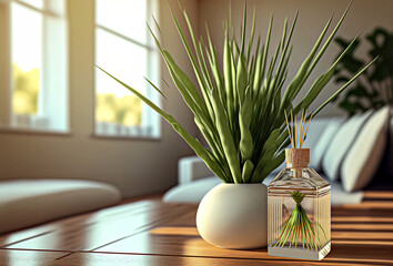 Wall Mural - close-up of a reed diffuser on a table in a room next to a potted flower, vase on a table