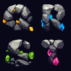 Fantasy style letters made of hard stones and magical glowing gems. Colorful bitmap alphabet set made with Generative AI technology.