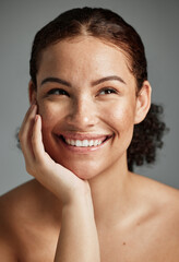 Wall Mural - face, beauty and skincare of woman in studio isolated on a gray background. thinking, makeup cosmeti