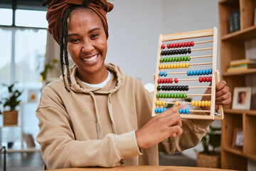 Poster - Black woman, teacher and math with elearning portrait for education, teach with abacus for learning and internet. Online class, study and school webinar with live streaming, numbers and teaching
