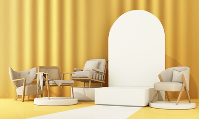 Poster - Interior of the room in plain monochrome light yellow color with chair and armchair. Light background with copy space. 3D rendering for web page, presentation or product design