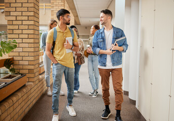 Aufkleber - Education, smile and college with students on campus with books for learning, scholarship or knowledge. Study, future or university with people walking to class for back to school, academy or exam
