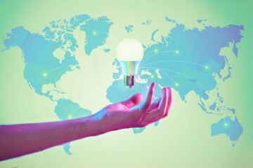Poster - World map, lightbulb and hand for idea, sustainability and networking in digital, data exchange and connection. Energy saving, worldwide power and future of internet, electricity and iot technology