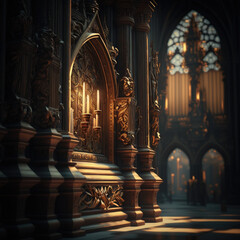 Candlelight Cathedral: A dramatic, dimly lit interior of a gothic cathedral, featuring a beautifully carved altar with flickering candles, casting warm golden light on the ornate details.  The grandeu