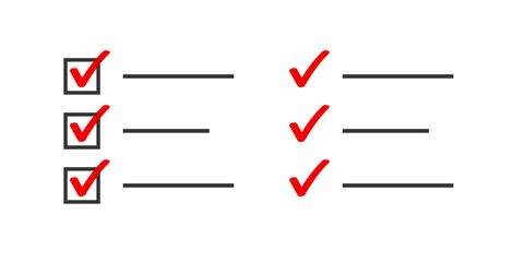 Check mark list task marker vector element or questionnaire poll survey checklist completed graphic illustration, test report pen drawn red black written from, select todo notes clipboard image