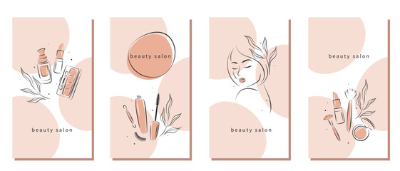 Wall Mural - Set of design for Beauty salon. Makeup tools, cosmetic brushes, lipstick, blush, eyelash extension, brows, female portrait. Vector illustration