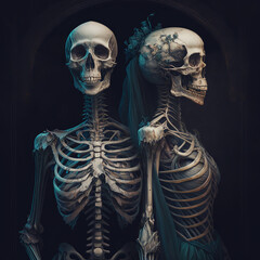 a couple of skeletons standing next to each other, skull, bones, zombie, fantasy, art illustration