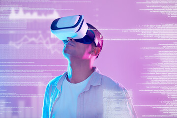 Aufkleber - Vr, futuristic data and man in metaverse exploring a cyber world with charts, statistics and info. Digital transformation, virtual reality or male with neon graphics, trading or stock market software