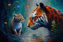 Illustration Of Smiley Face Of  Animal With Color Splash Oil Painting Style, Tiger Family, Tiger Cub, 