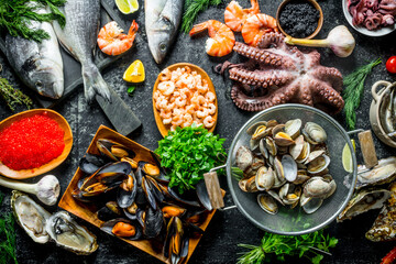 Wall Mural - Healthy diet food. A variety of fresh seafood.